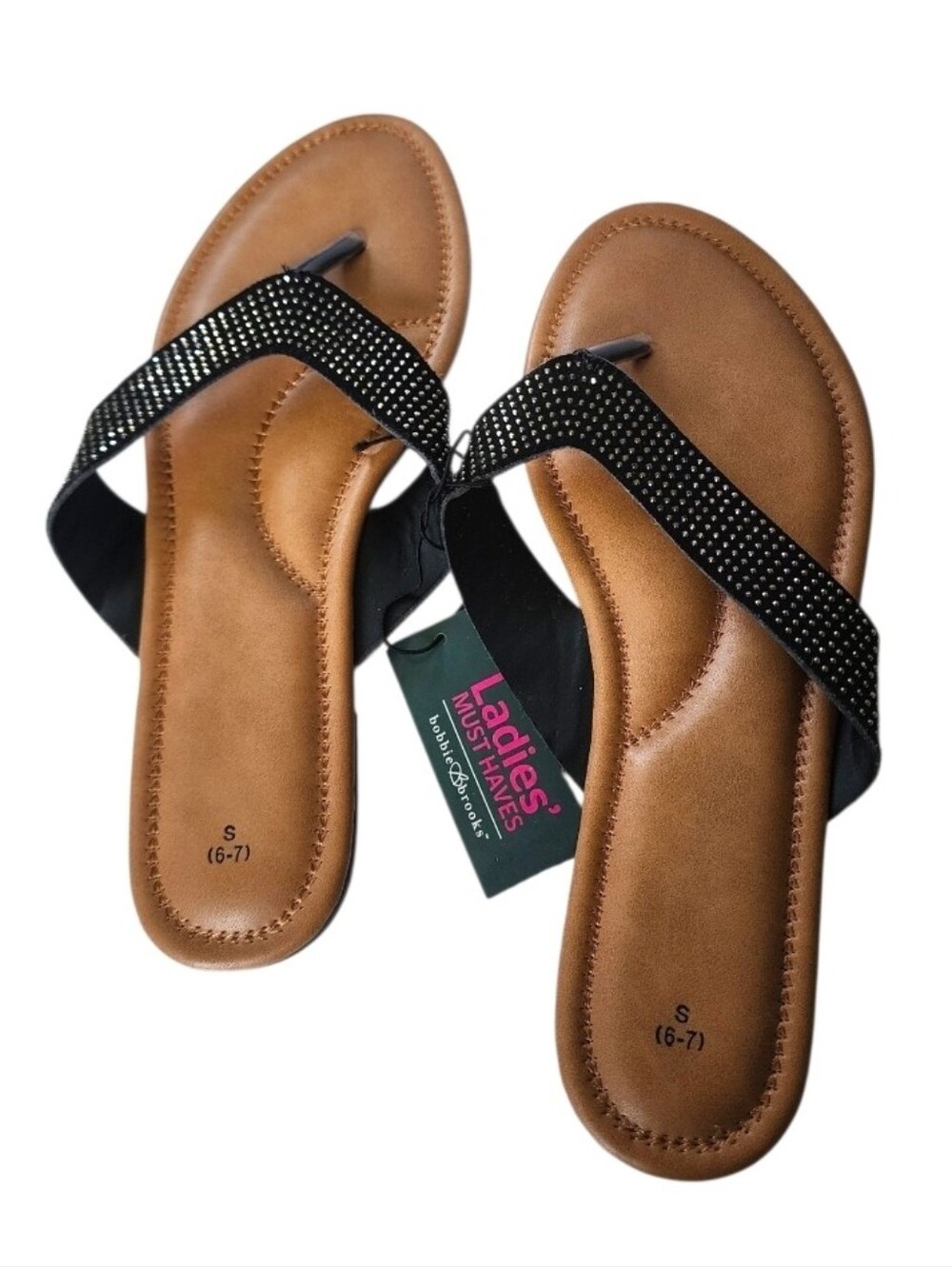 Bobbie Brooks Black Rhinestone T-Strap Thong Sandals, Size Sm 6/7